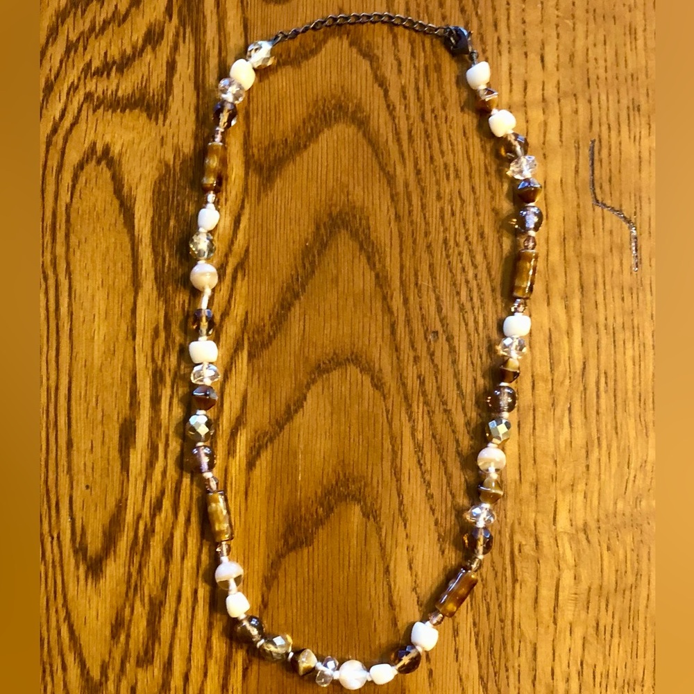 Boho Beaded Necklace • Brown Amber & Cream Glass • 16″ Neutral Statement